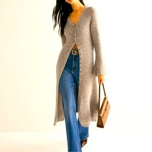 Commense Long Button-Front Midi Cardigan Dress in Gray
